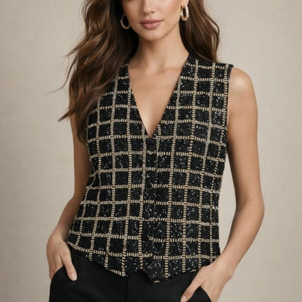 Creazioni Effeci Vest Womens Size M Black Sequins Gold/White Beads Party Vintage